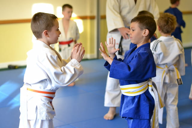 a group of children in karate uniforms