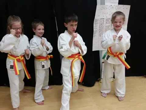 a group of children in karate uniforms