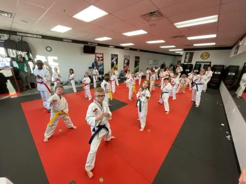 a group of people in karate uniforms