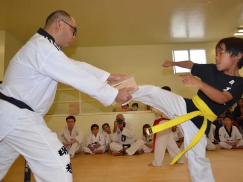 a man and a boy practicing karate