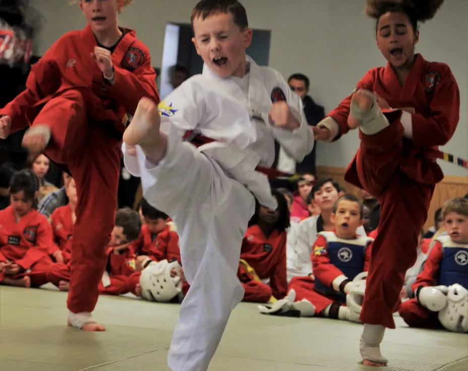 a group of people in red karate uniforms with a ball in front of them