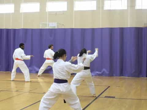 a group of people in karate uniforms