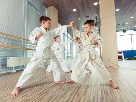 a group of boys in karate uniforms