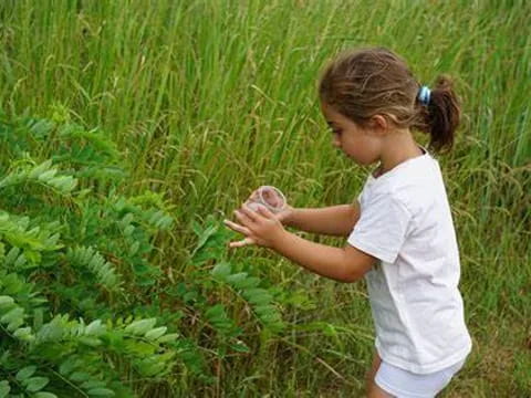 a girl picking up a plant