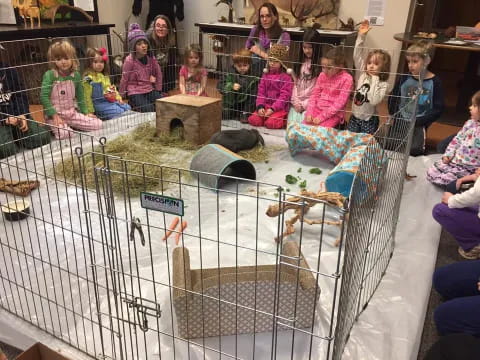 a group of children sitting in a cage with a cat in it