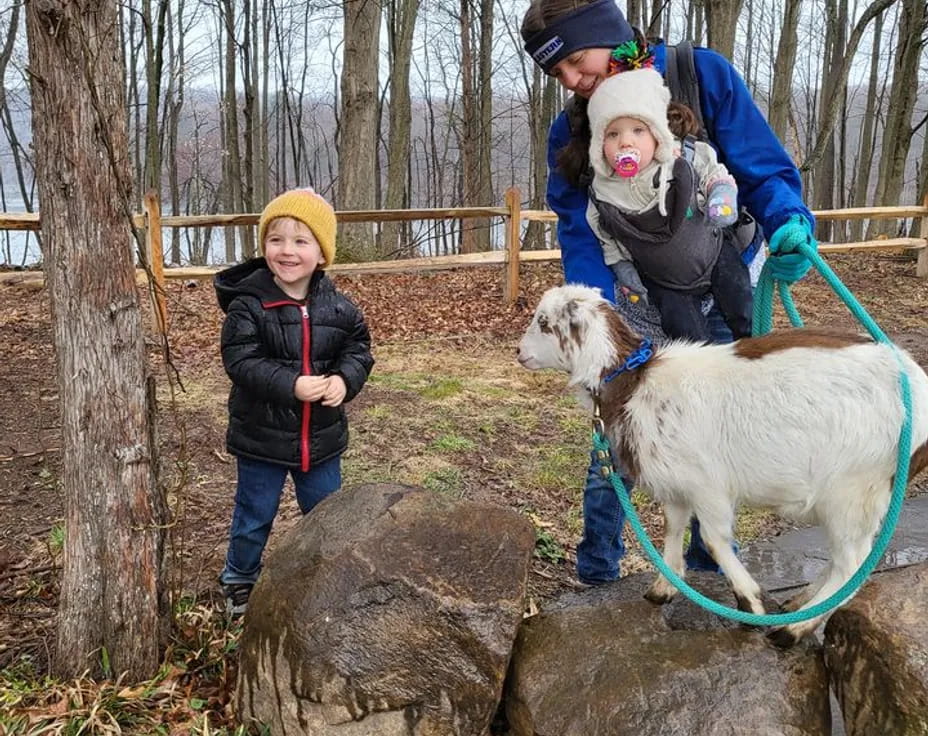 a group of children and a dog on a leash in a wooded area