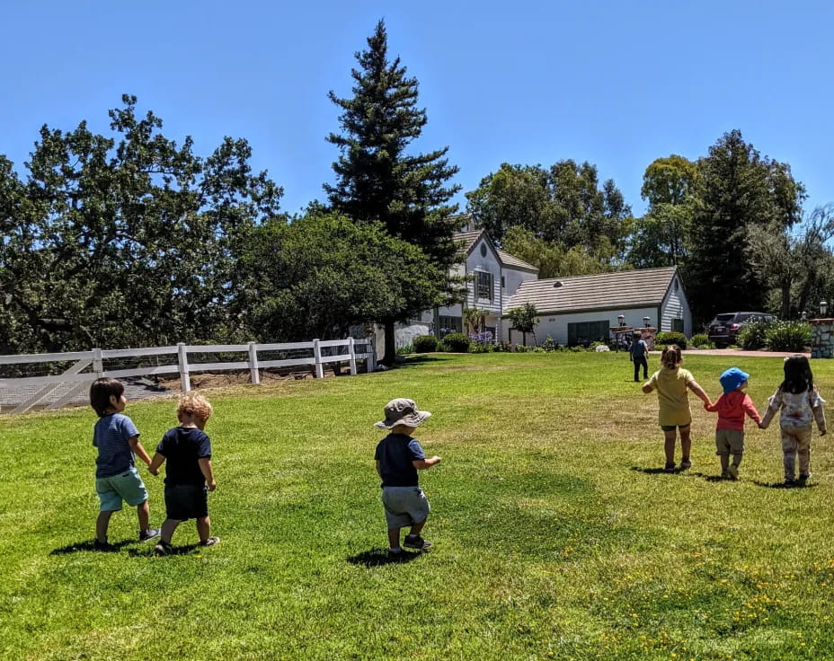 a group of children playing in a grassy field