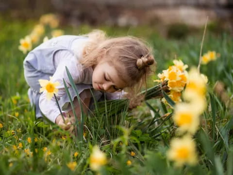 a girl lying in a field of flowers