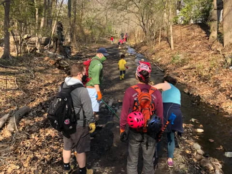 a group of people hiking in the woods