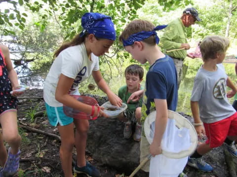 a group of children collecting water