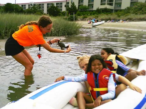 a group of people on a raft