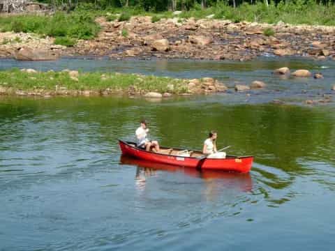a couple of people in a boat on a river
