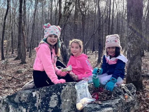 a group of children sitting on a rock in the woods