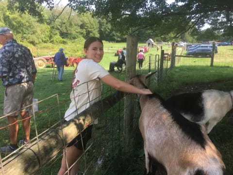 a boy petting a goat