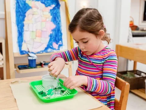 a young girl painting on a green plate