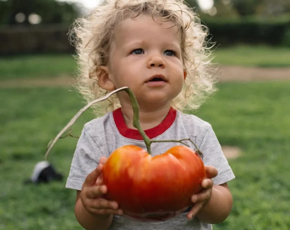 a child holding a tomato
