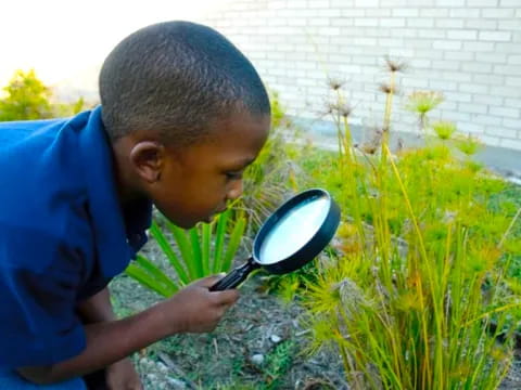a young boy looking at a magnifying glass