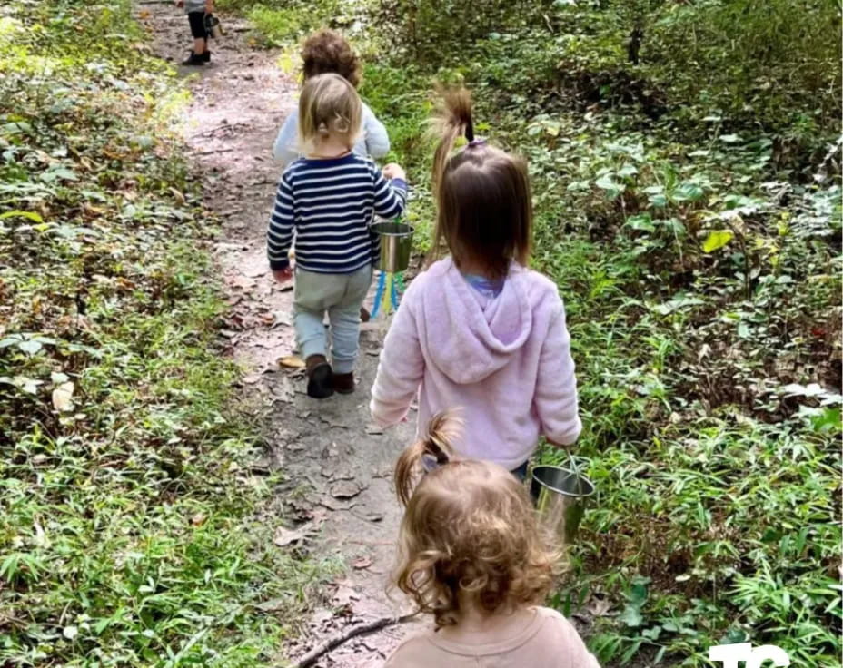 a group of children walking on a path in the woods