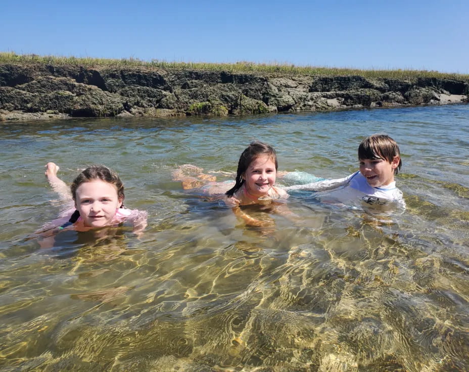 a group of people swimming in water