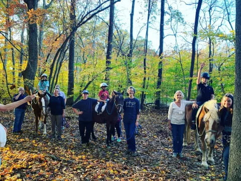 a group of people with horses in a forest