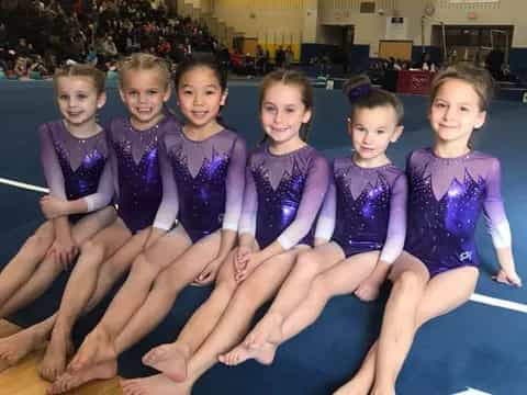 a group of kids in purple leotards posing for a photo