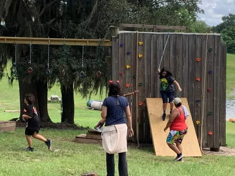 a group of people playing on a play set