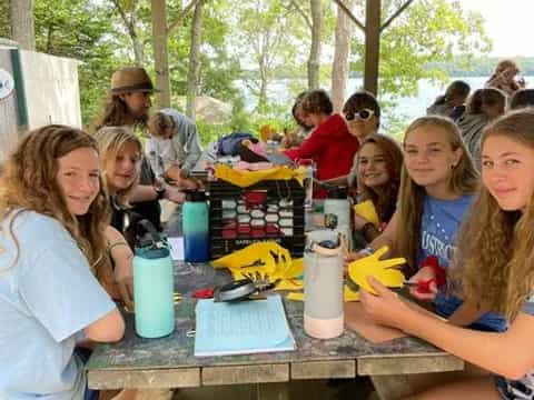 a group of people sitting at a picnic table