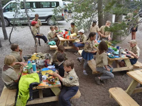 a group of people sitting at tables