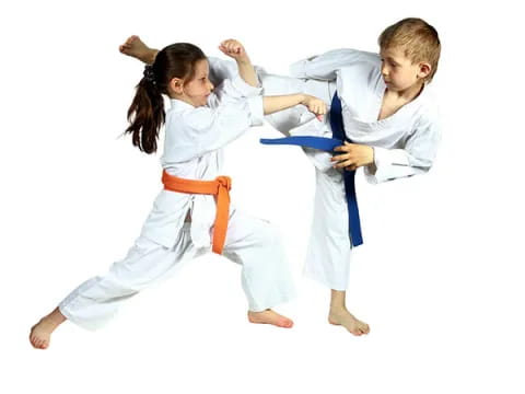 a boy and girl in karate uniforms