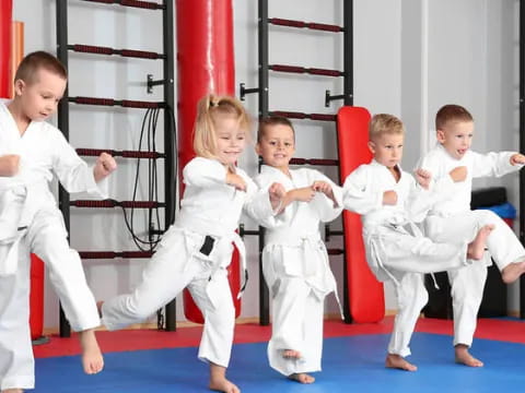 a group of children in karate uniforms