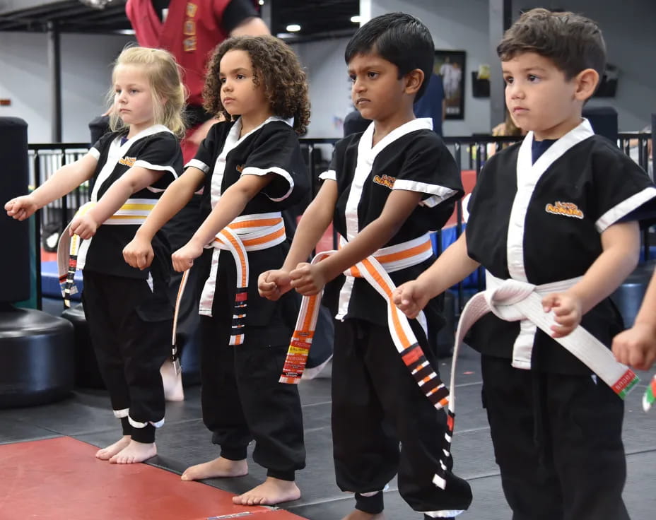 a group of children in karate uniforms