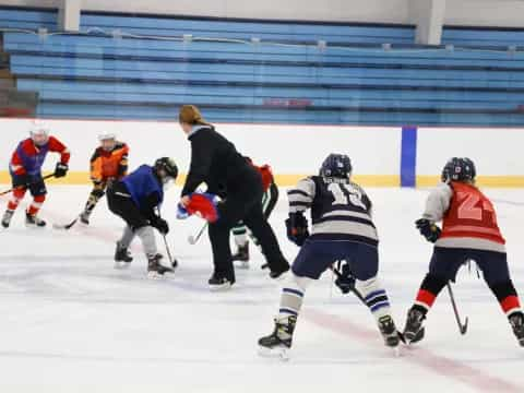 a group of people playing hockey