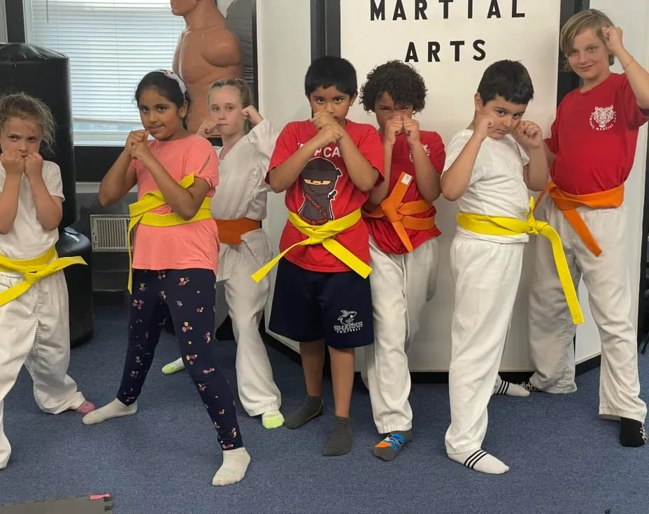 a group of kids in karate uniforms