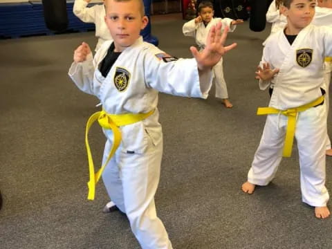 a group of children in karate uniforms