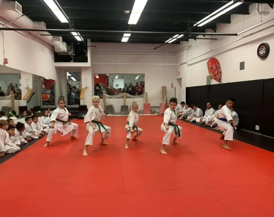 a group of people in karate uniforms