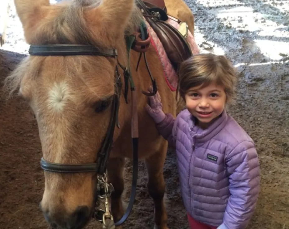 a girl standing next to a horse