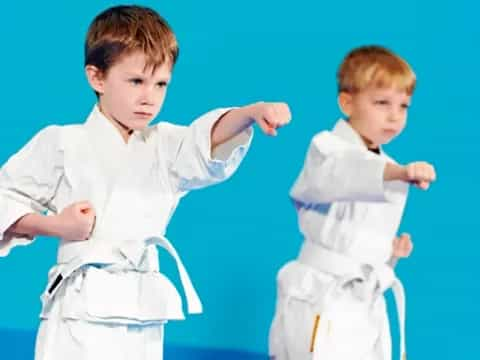 two boys in karate uniforms