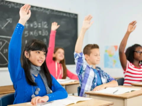 a group of students raising their hands