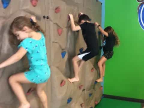 a group of people climbing a rock wall