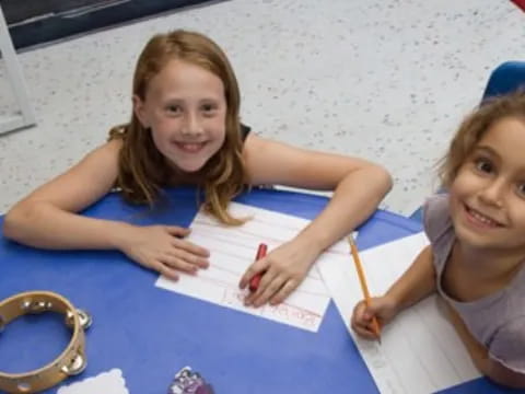 a couple of girls sitting at a table with a pencil and a ruler