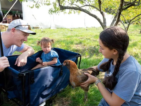 a man and woman with a baby and a chicken in a stroller