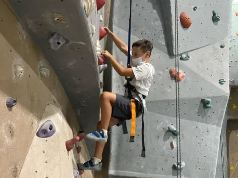 a boy climbing a rock wall