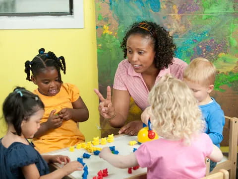 a person and several children sitting at a table