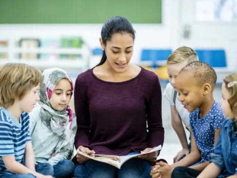 a teacher reading a book to her students
