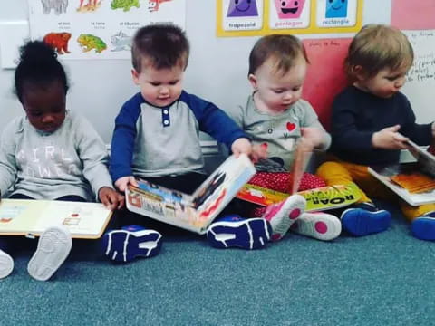 a group of children reading books