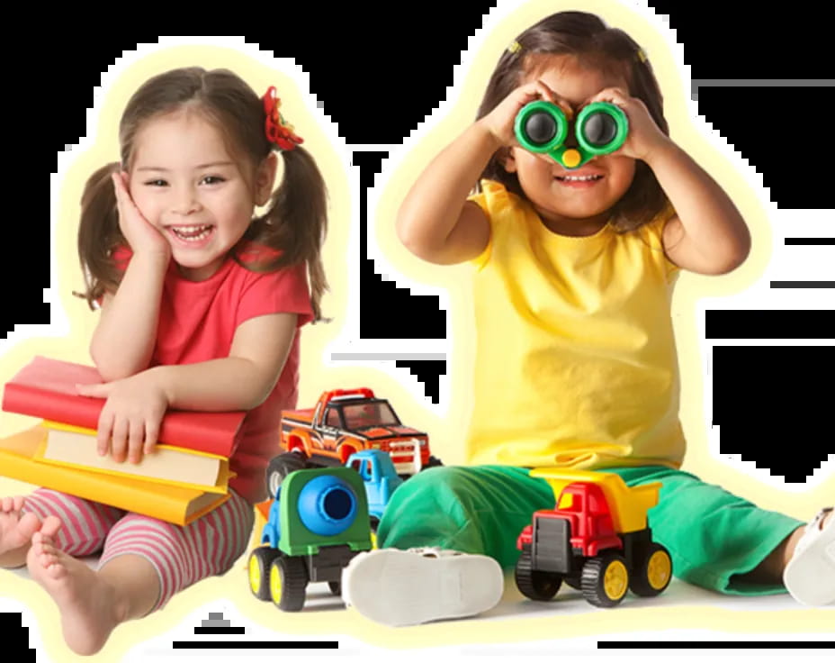 a couple of girls wearing green goggles and playing with toys