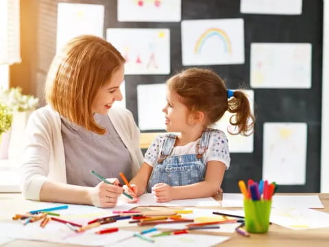 a woman and a child painting