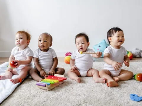 a group of babies sitting on the floor eating