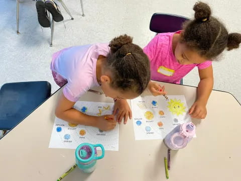 a couple of young girls coloring on paper