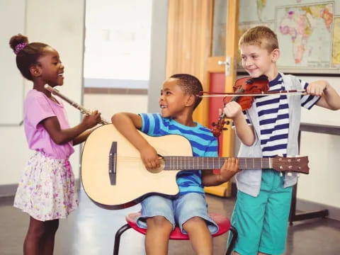 a group of children playing a guitar